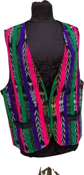 00's Neon Pink Green and Violet Striped Geometric Print Woven Vest