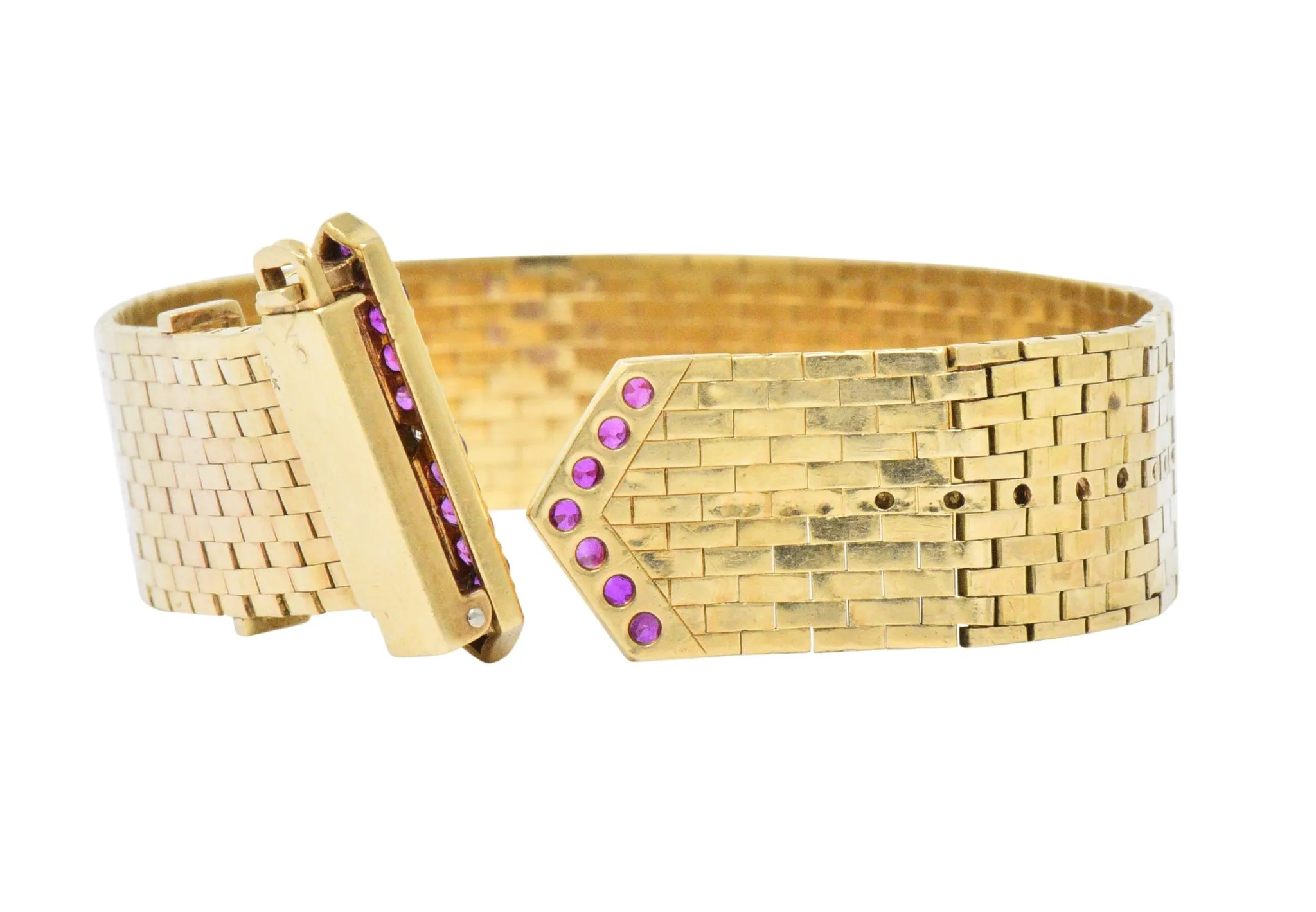 1940's Retro 1.37 CTW Ruby Diamond 14 Karat Gold Jarretière Buckle Link Bracelet