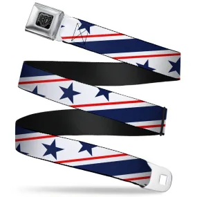 BD Wings Logo CLOSE-UP Full Color Black Silver Seatbelt Belt - Americana Diagonal Stars & Stripes White/Red/Blue Webbing