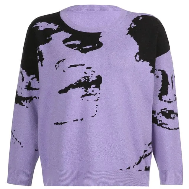 DressBetty - Loose Portrait Print Knitted Sweater