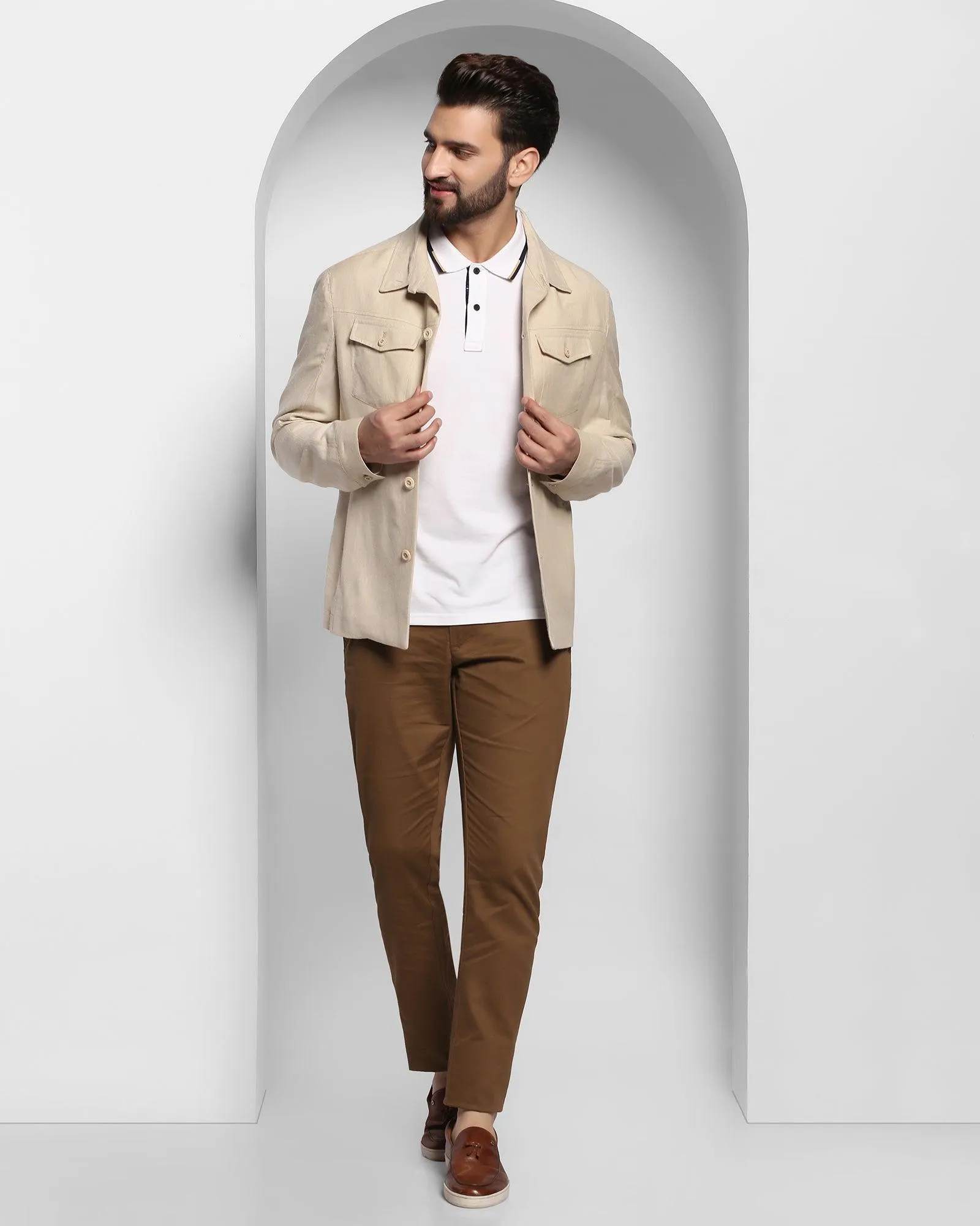 Linen Casual Ecru Solid Jacket - Ortiz