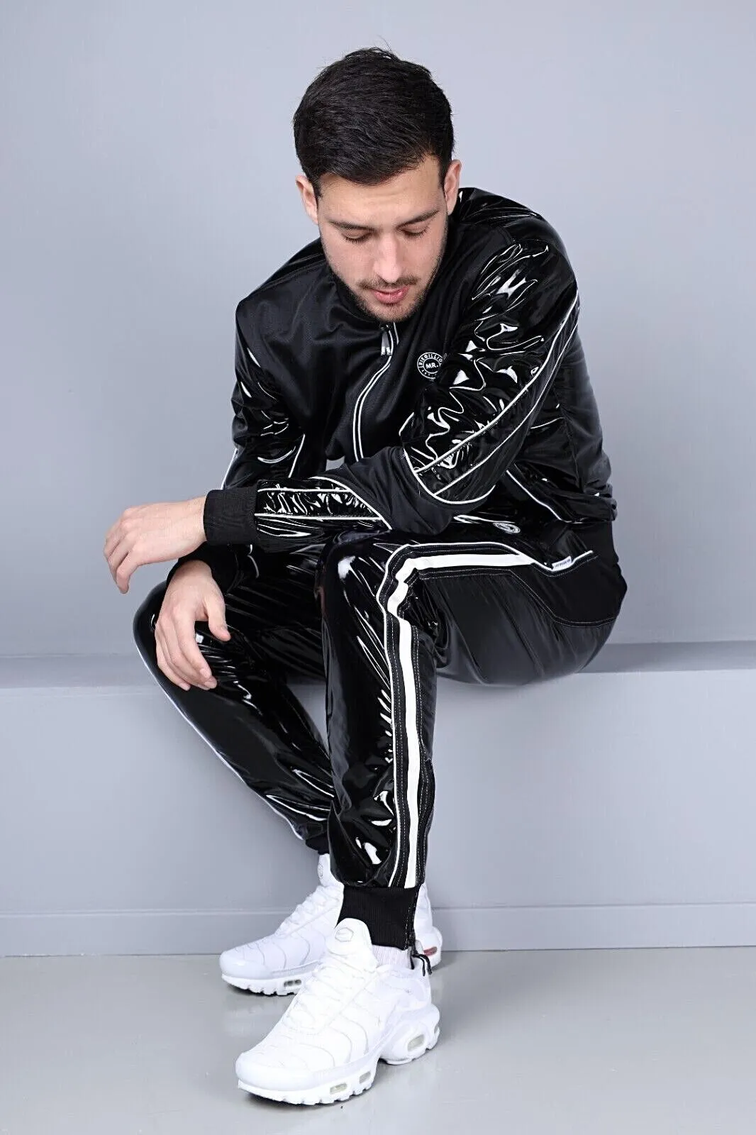 MR. RIEGILLIO PVC Tracksuit Pants 24 Shiny Black With White Piping R1044