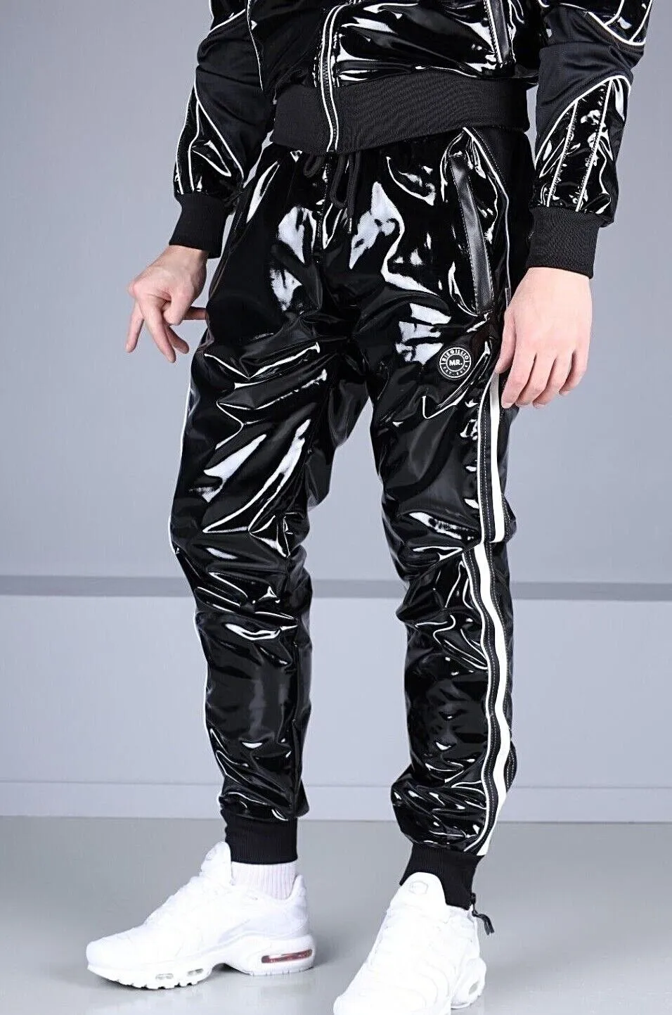 MR. RIEGILLIO PVC Tracksuit Pants 24 Shiny Black With White Piping R1044