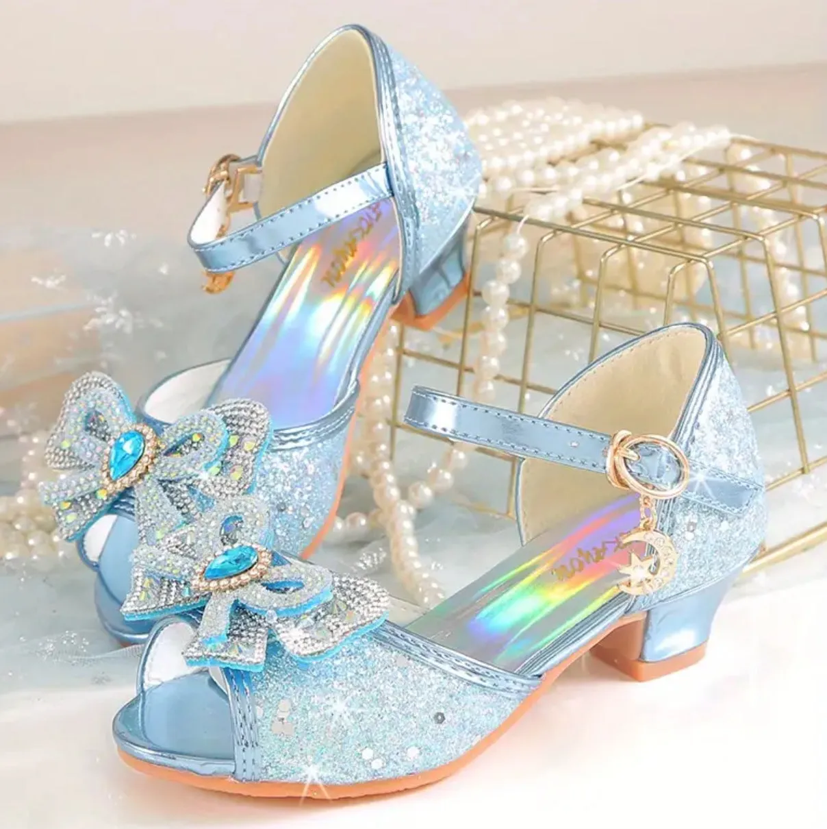 “Trendy Bows” Shiny Rhinestone Sequin, High Heel Shoes For Girls