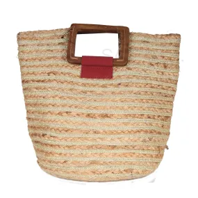 Women Gold Cord Wood Handle Braided Jute Bag